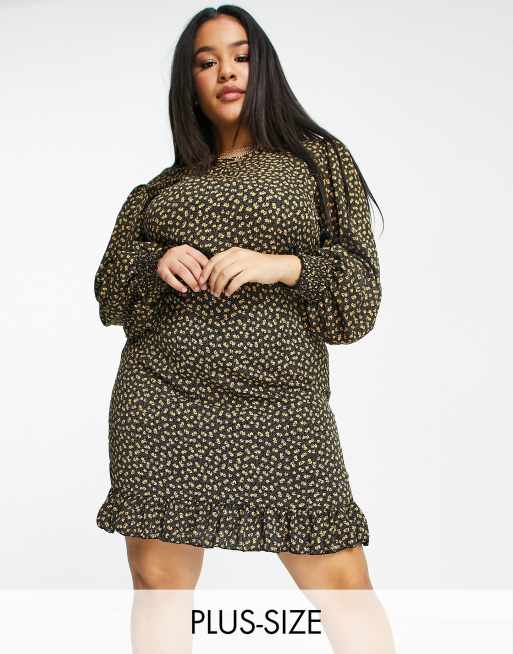 Daisy Street Plus - Robe courte ajustée à manches longues et imprimé petites fleurs
