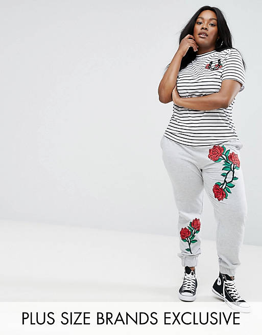 Daisy Street Plus Rose Embroidered Sweatpants