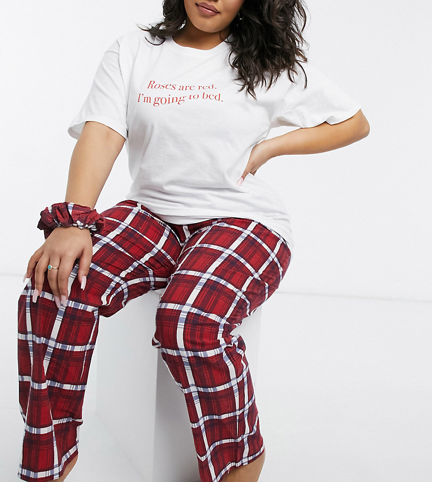 Daisy Street Plus Roses Are Red T-shirt And Pajama Bottoms Set With Scrunchie In Plaid