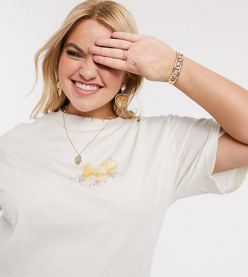 Daisy Street Plus - Ruimvallend T-shirt met print met bloemen en katje-Beige