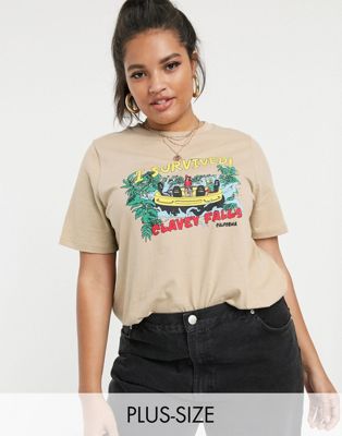 Daisy Street Plus - Ruimvallend T-shirt met vintage 'Clavey falls'-print-Beige