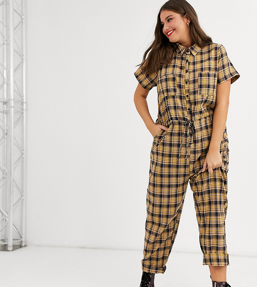 Daisy Street Plus – Rutig jumpsuit i avslappnad modell med knytning i midjan-Gul