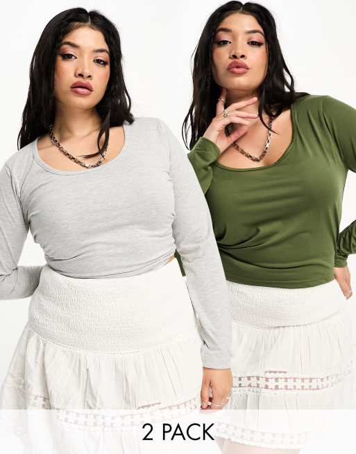 Daisy Street Plus - Set van 2 crop tops met lage ronde hals en lange mouwen in grijs en kaki