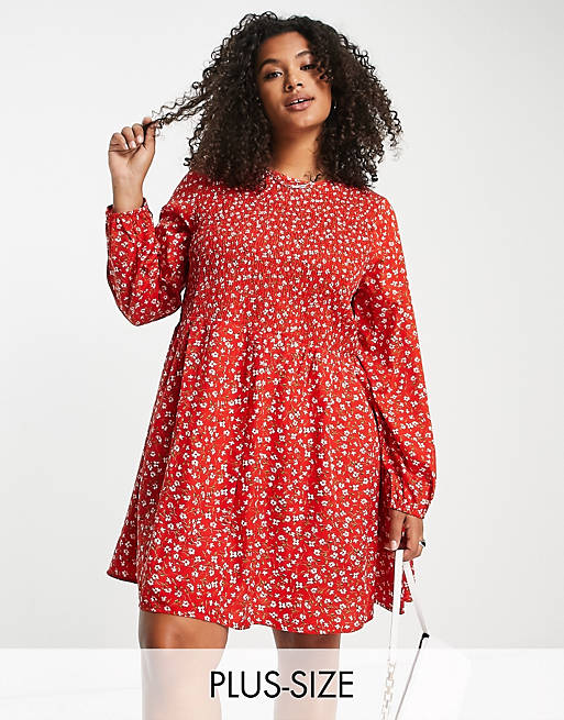 Daisy Street Plus shirred smock mini dress in red ditsy