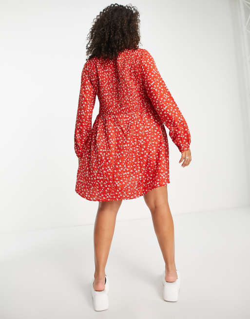 Daisy Street Plus shirred smock mini dress in red ditsy, 2 of 4