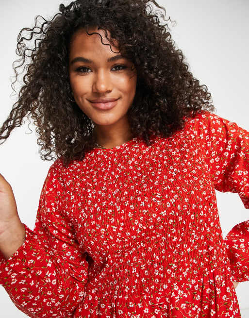 Daisy Street Plus shirred smock mini dress in red ditsy, 3 of 4