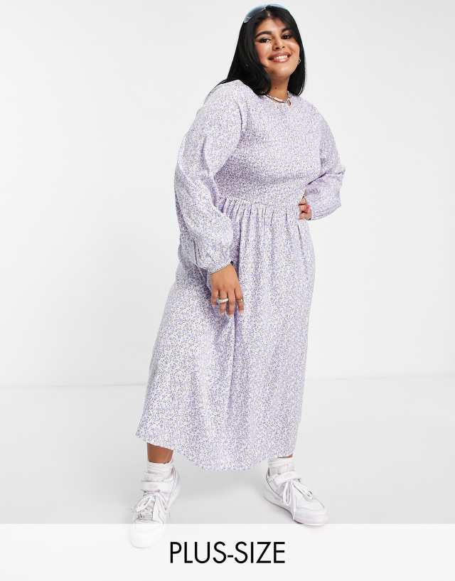 Daisy Street Plus shirring detail smock midi dress in lilac floral