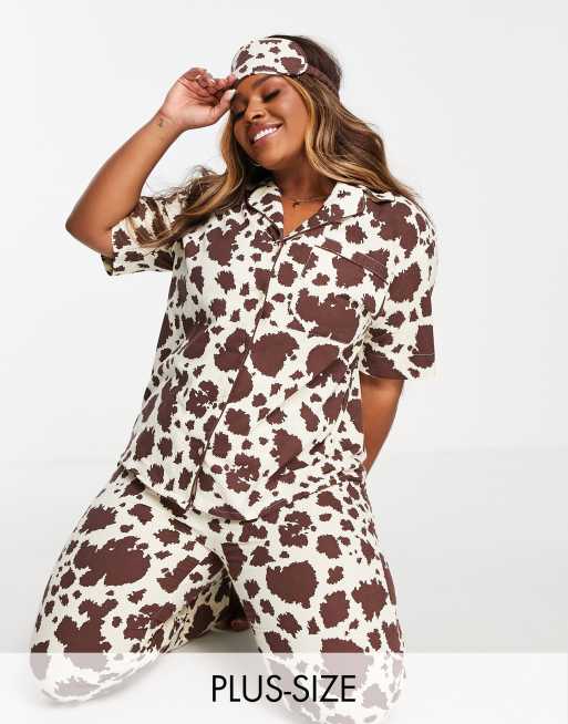 Daisy Street Plus short sleeve shirt and pajama bottoms with eye mask in cow print