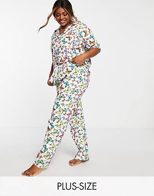Daisy Street Plus short sleeve shirt and pyjama bottoms set with scrunchie in bright butterfly print