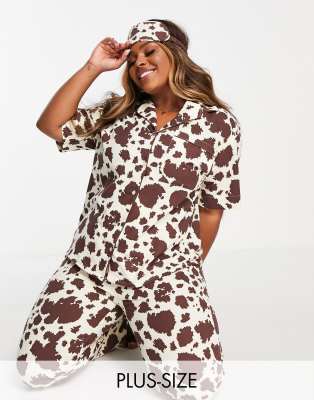 Daisy Street Plus short sleeve shirt and pyjama bottoms with eye mask in cow print