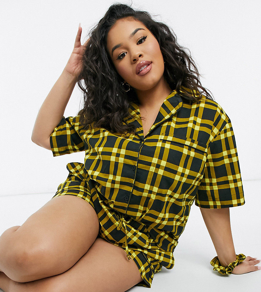 Daisy Street Plus short sleeve shirt and shorts pajama set with scrunchie in 90s plaid-Black