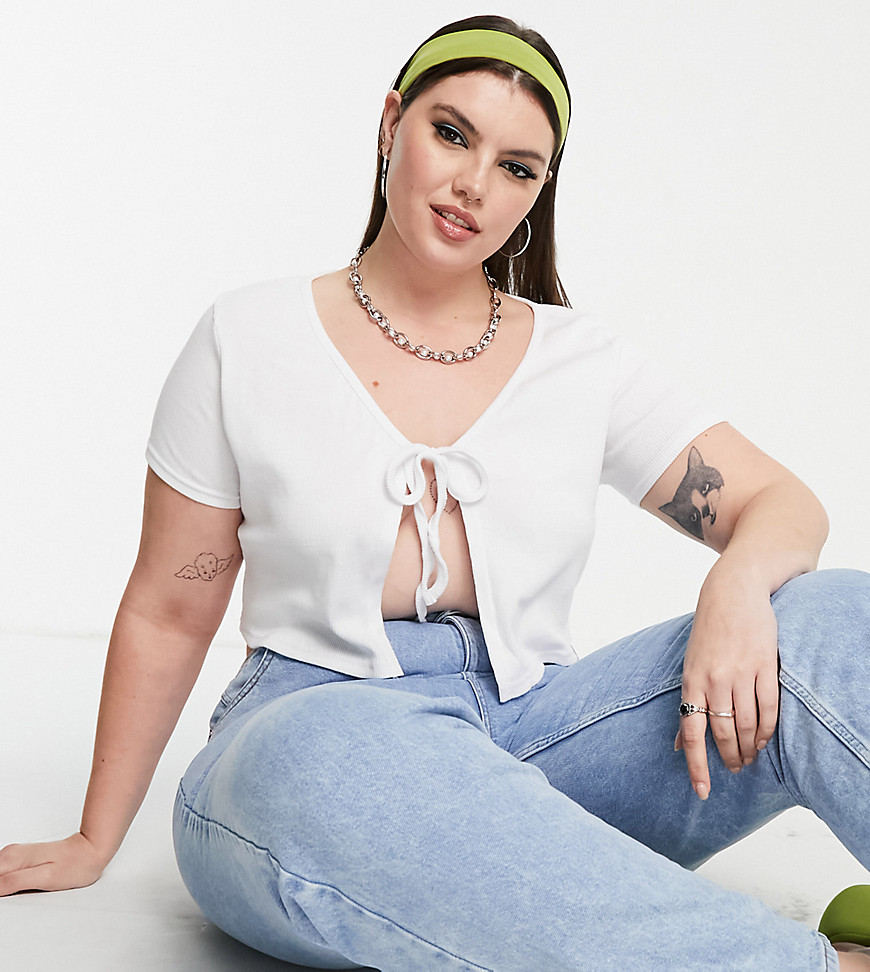 Daisy Street Plus Short Sleeve Tie Front Top-White