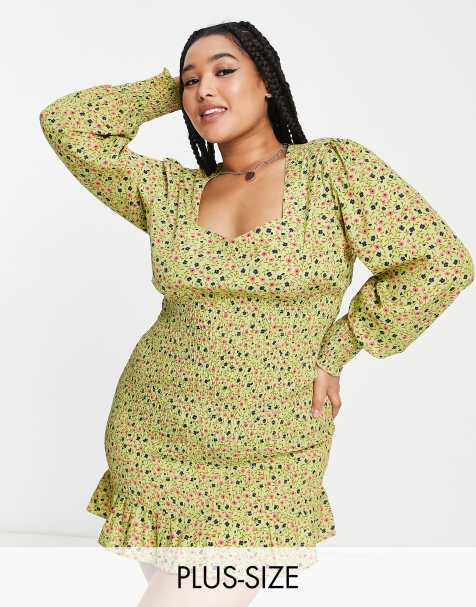 Daisy Street Plus square neck shirred mini dress in khaki ditsy - view 1