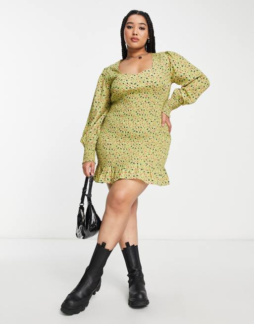 Daisy Street Plus square neck shirred mini dress in khaki ditsy, 4 of 4