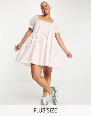 Daisy Street Plus square neck smock dress with puff sleeves in pink