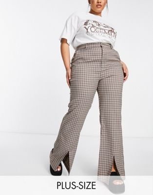 Daisy Street Plus straight leg trousers with split hem in vintage check - ASOS Price Checker