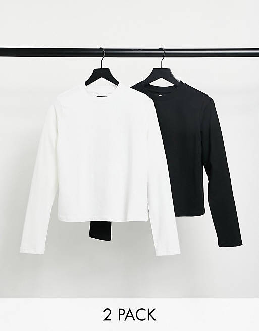 Daisy Street Plus – Svart och vit kort t-shirt med lång ärm, 2-pack