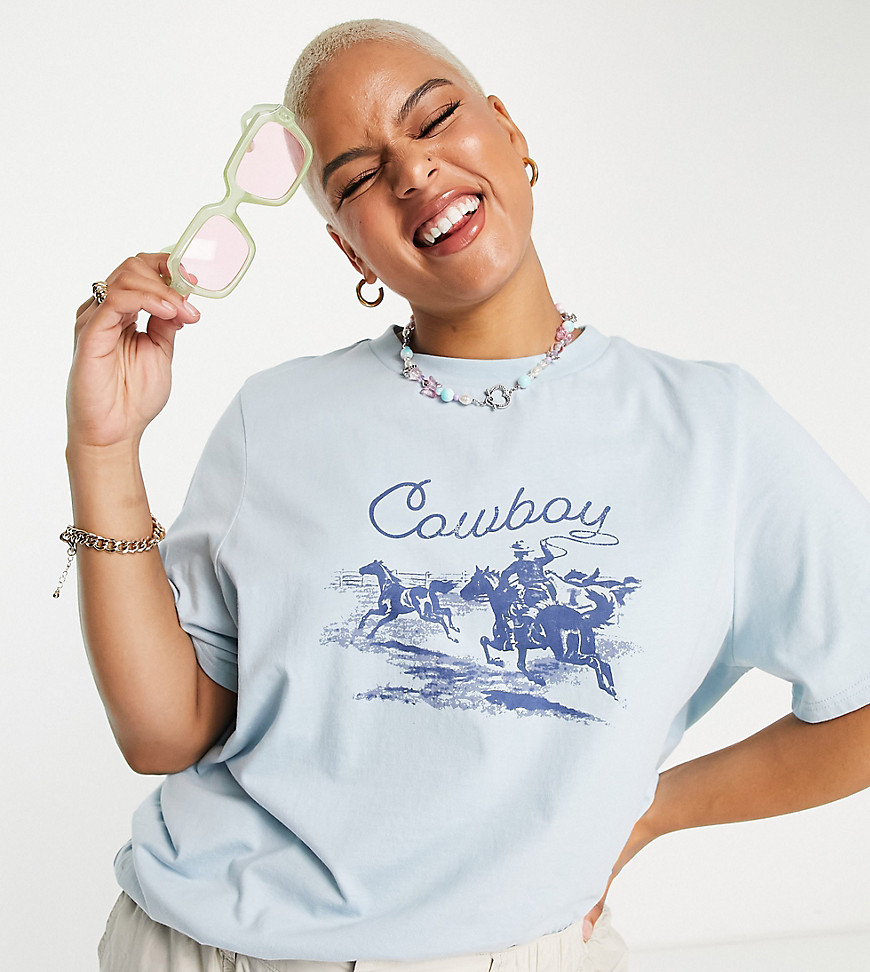 Daisy Street Plus t-shirt in baby blue with retro cowboy graphic