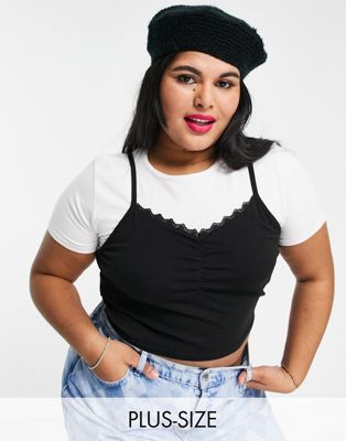 Daisy Street Plus white crop tee with grunge black cami lace overlay