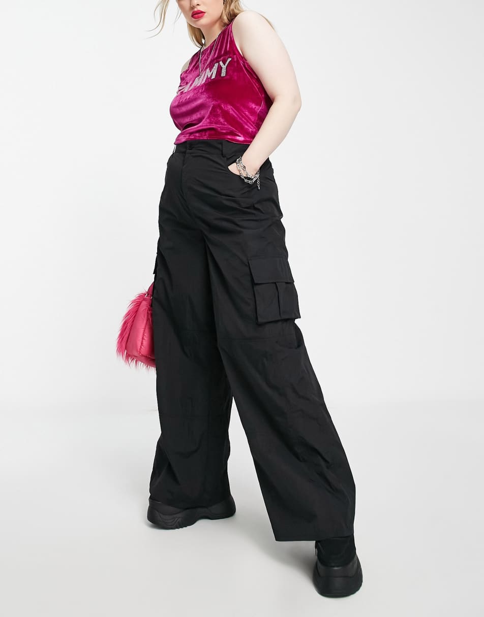 Daisy Street Plus wide leg cargo trousers in black nylon