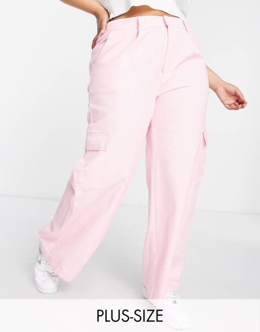 Daisy Street Plus wide leg low rise Y2K cargo trousers in baby pink