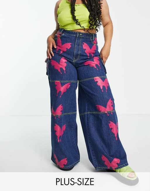 Daisy Street Plus wide leg skater jeans with all over Y2K butterfly print