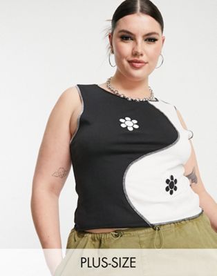Daisy Street Plus Y2K cropped vest with ying yang flower overlocking - ASOS Price Checker
