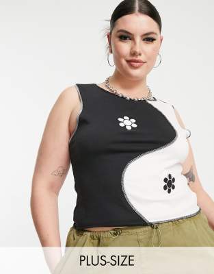 Daisy Street Plus Daisy Street Plus Y2K cropped vest with ying yang flower overlocking-Multi