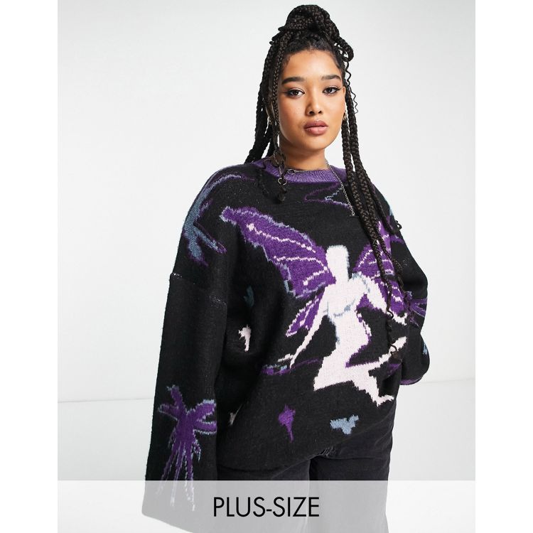 Daisy Street Plus Y2K oversized knitted jumper with fairy graphic