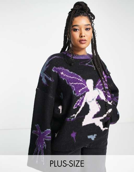 Daisy Street Plus Y2K oversized knitted jumper with fairy graphic