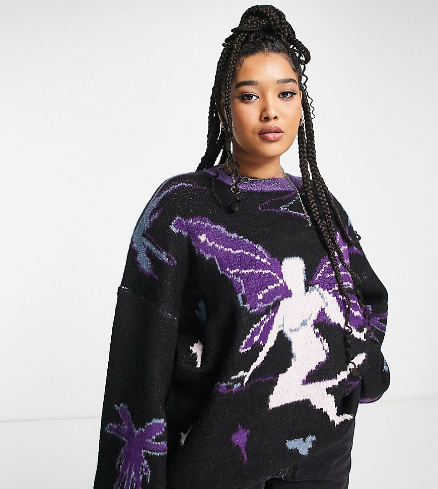 Daisy Street Plus Y2K oversized knitted sweater with fairy graphic-Black