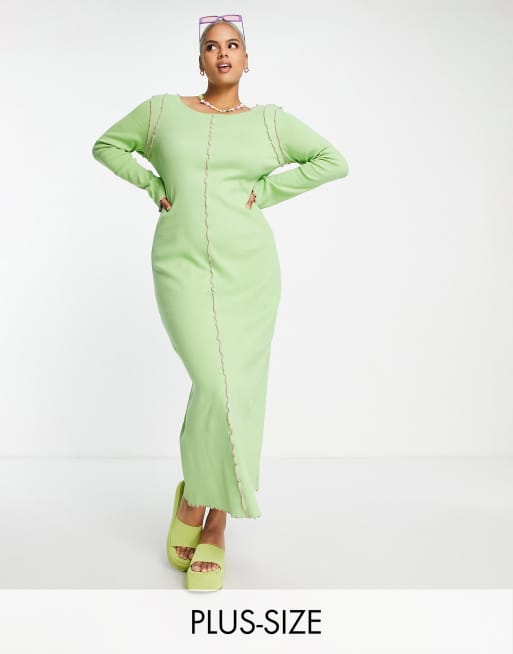 Daisy Street Plus – Zielona prążkowana sukienka bodycon z długimi rękawami i kontrastowym szwem