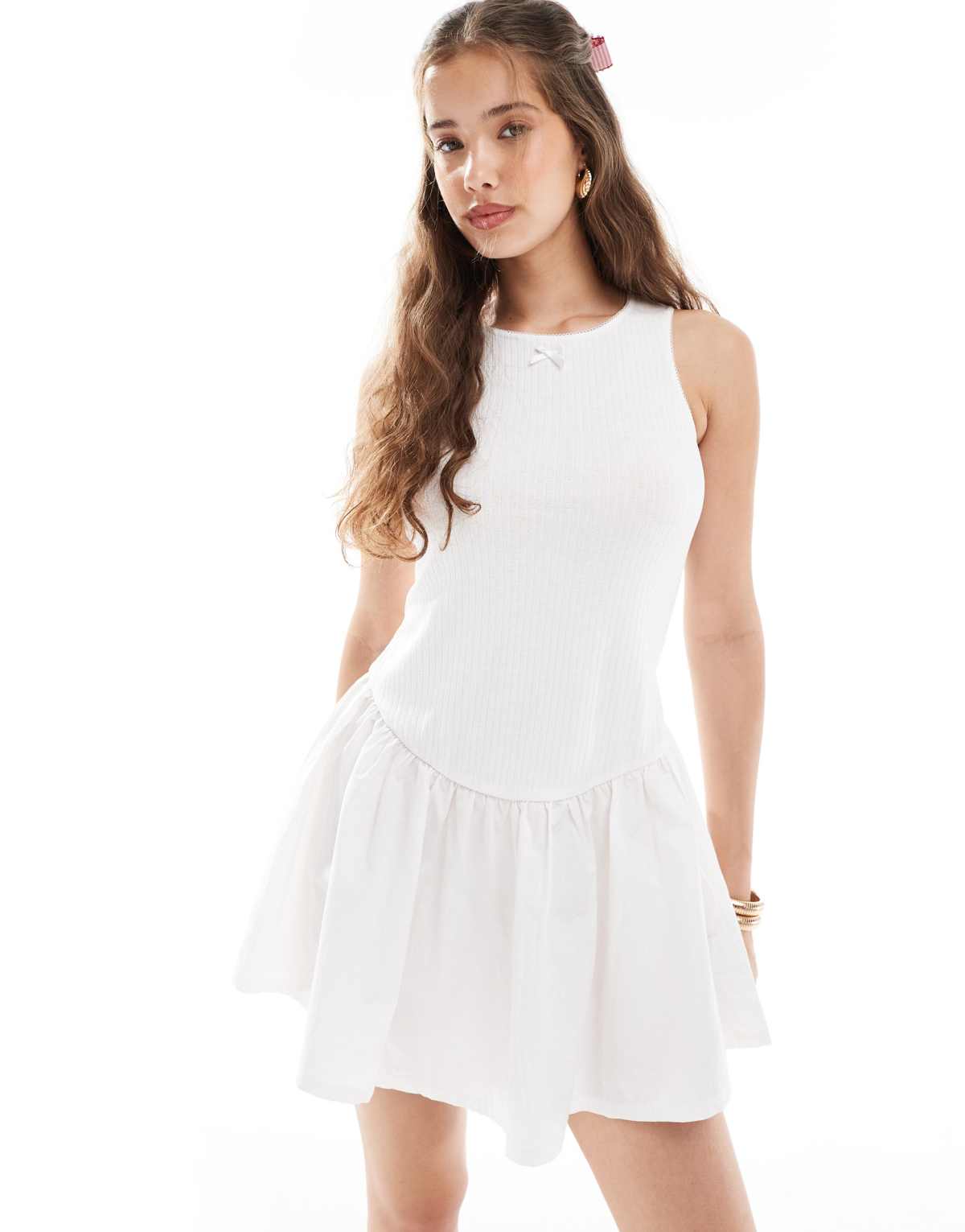 Daisy Street pointelle cotton mix mini dress in white