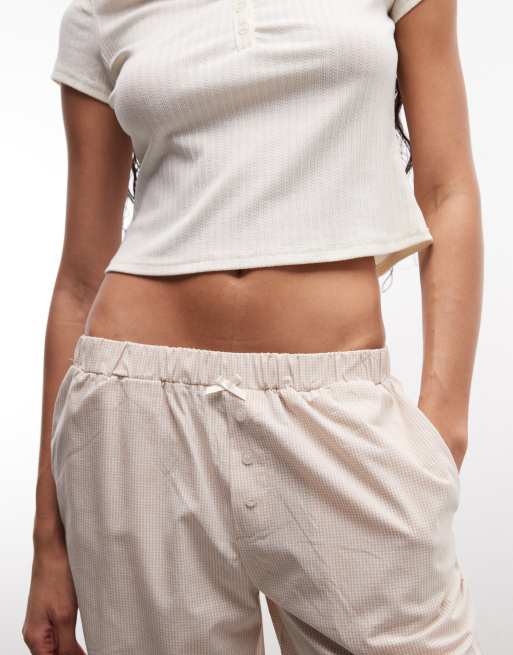 Daisy Street pointelle pajama top and bottoms in beige gingham, 3 of 4