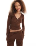 [Daisy Street] Daisy Street pointelle pyjama long sleeve top and pants set in brown-Multi 10 MULTI