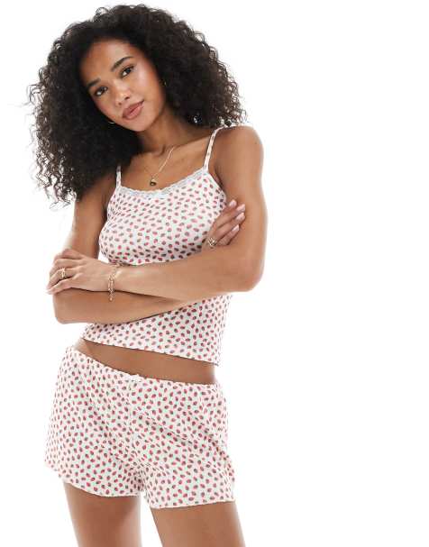 Daisy Street pointelle tank top and matching shorts in strawberry print - view 1