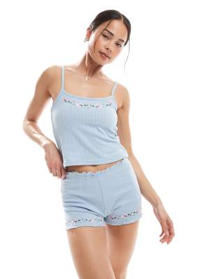 Daisy Street Pointelle Tank Top And Matching Shorts Pajama Set With Floral Embroidery In Blue