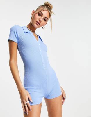 Daisy Street polo romper in baby blue rib Sale