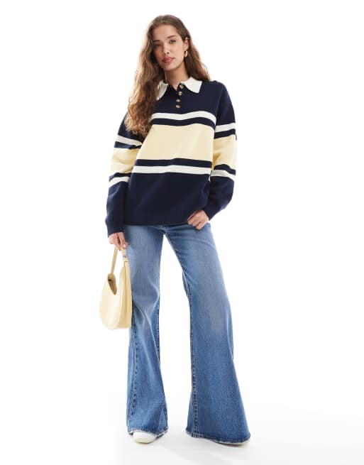 Daisy Street - Polo stile rugby extra larga in maglia gialla e blu navy a righe, 2 di 4