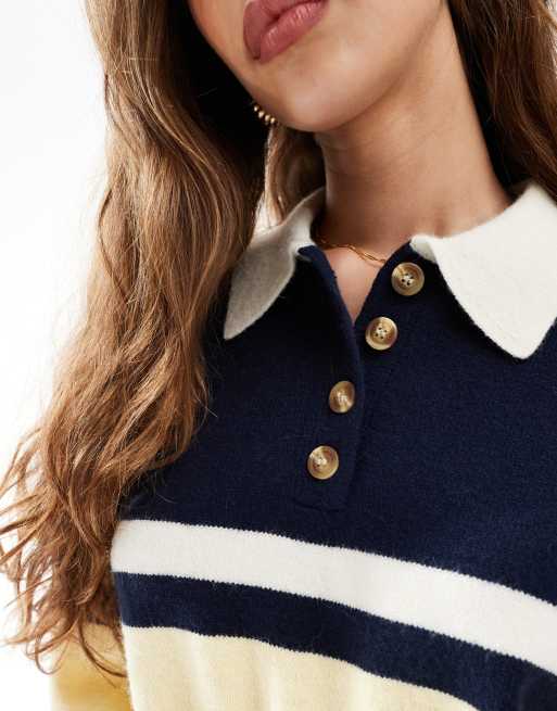 Daisy Street - Polo stile rugby extra larga in maglia gialla e blu navy a righe, 3 di 4