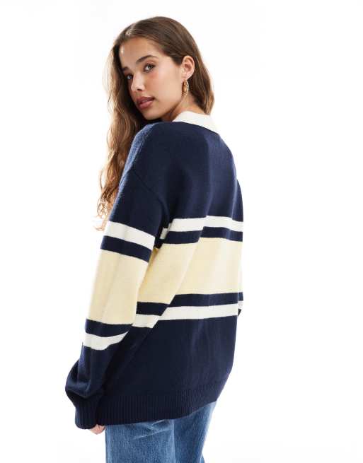 Daisy Street - Polo stile rugby extra larga in maglia gialla e blu navy a righe, 4 di 4