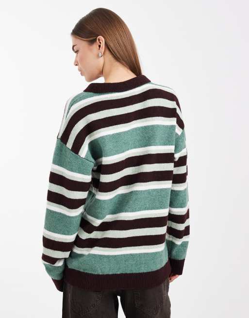 Daisy Street - Polo stile rugby extra larga in maglia verde a righe multicolore, 3 di 4