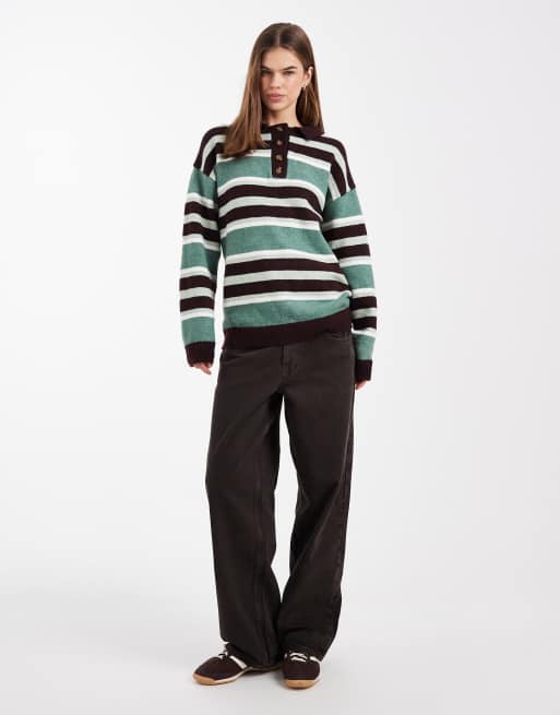 Daisy Street - Polo stile rugby extra larga in maglia verde a righe multicolore, 4 di 4