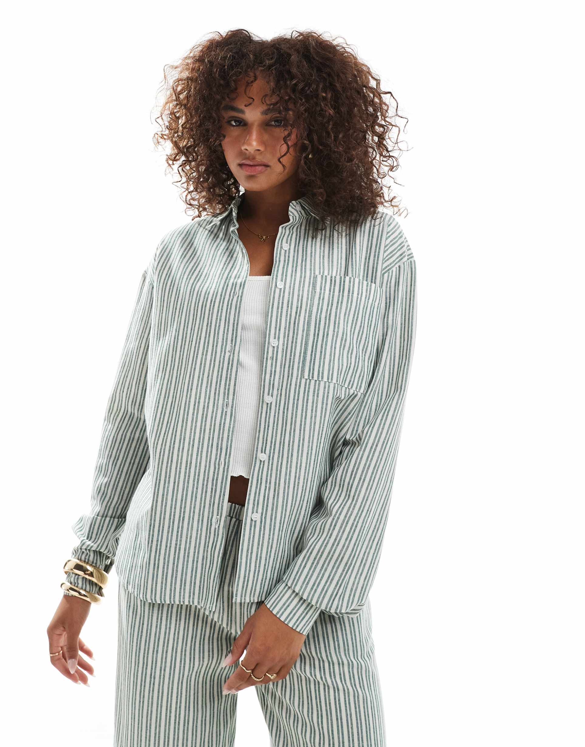 daisy street poplin oversized dad shirt in green stripes - part of a set
