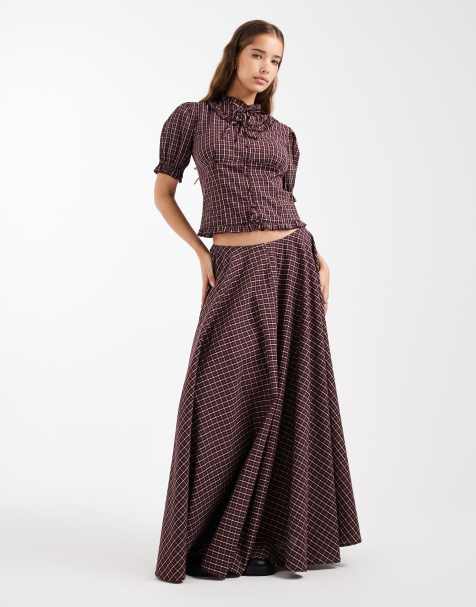 Daisy Street puff sleeve burgandy check co-ord - view 1
