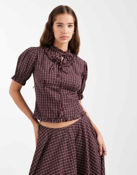 Daisy Street puff sleeve collar ruffle blouse in burgundy check co-ord