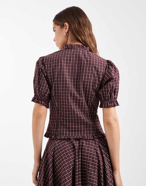 Daisy Street puff sleeve collar ruffle blouse in burgundy check co-ord, 2 of 4