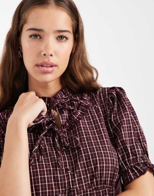 Daisy Street puff sleeve collar ruffle blouse in burgundy check co-ord, 3 of 4