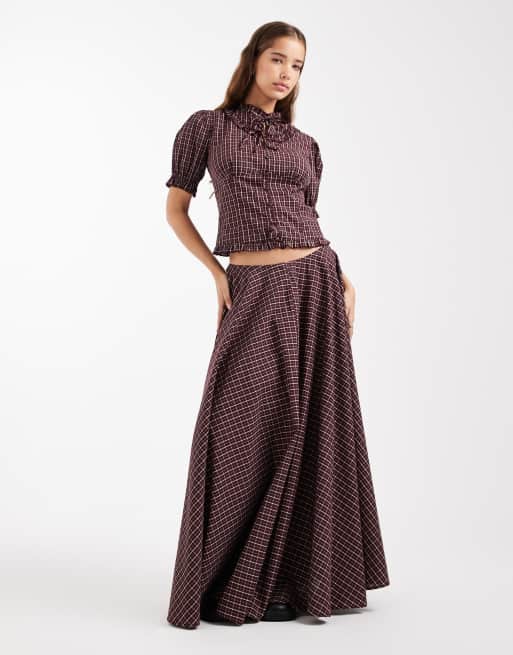 Daisy Street puff sleeve collar ruffle blouse in burgundy check co-ord, 4 of 4