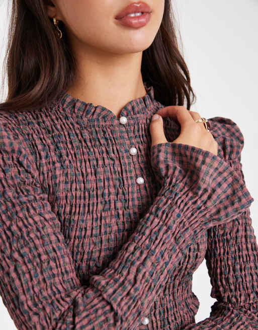 Daisy Street puff sleeve detail shirred button down top in pink check, 2 of 4